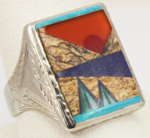 Antique 1920's Art Deco Turquoise Carnelian Lapis & Malachite Inlay 10k Solid White Gold Men's Ring