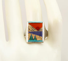 Load image into Gallery viewer, Antique 1920&#39;s Art Deco Turquoise Carnelian Lapis &amp; Malachite Inlay 10k Solid White Gold Men&#39;s Ring