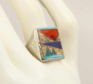 Antique 1920's Art Deco Turquoise Carnelian Lapis & Malachite Inlay 10k Solid White Gold Men's Ring