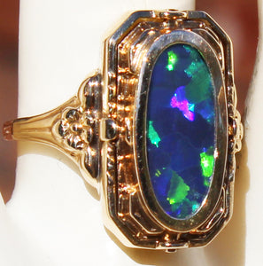 Antique 1920's Art Deco GREEN/BLUE Opal & Persian Turquoise 10k Solid Gold Cocktail RARE Flip Ring