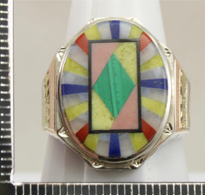 Antique 1920's Art Deco Lapis Malachite Opal Serpentine Inlay 10k Solid Tri-Color Gold Men's Ring