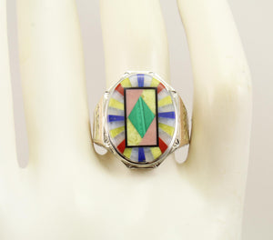 Antique 1920's Art Deco Lapis Malachite Opal Serpentine Inlay 10k Solid Tri-Color Gold Men's Ring