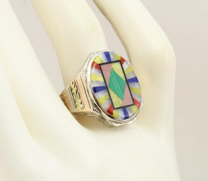 Antique 1920's Art Deco Lapis Malachite Opal Serpentine Inlay 10k Solid Tri-Color Gold Men's Ring