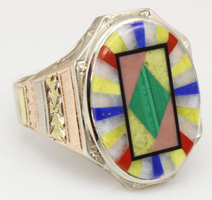 Antique 1920's Art Deco Lapis Malachite Opal Serpentine Inlay 10k Solid Tri-Color Gold Men's Ring