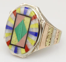 Load image into Gallery viewer, Antique 1920&#39;s Art Deco Lapis Malachite Opal Serpentine Inlay 10k Solid Tri-Color Gold Men&#39;s Ring