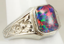 Load image into Gallery viewer, Antique 1920&#39;s Art Deco BRIGHT RAINBOW Black Natural Opal Milgrained 10k Solid White Gold Men&#39;s Ring