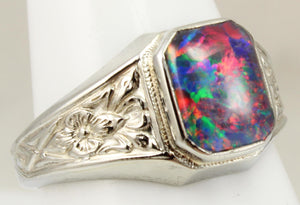 Antique 1920's Art Deco BRIGHT RAINBOW Black Natural Opal Milgrained 10k Solid White Gold Men's Ring