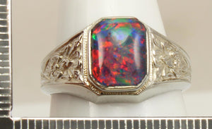 Antique 1920's Art Deco BRIGHT RAINBOW Black Natural Opal Milgrained 10k Solid White Gold Men's Ring