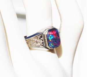 Antique 1920's Art Deco BRIGHT RAINBOW Black Natural Opal Milgrained 10k Solid White Gold Men's Ring