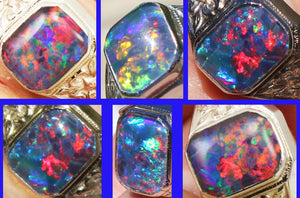 Antique 1920's Art Deco BRIGHT RAINBOW Black Natural Opal Milgrained 10k Solid White Gold Men's Ring