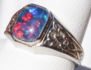 Antique 1920's Art Deco BRIGHT RAINBOW Black Natural Opal Milgrained 10k Solid White Gold Men's Ring