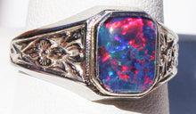 Load image into Gallery viewer, Antique 1920&#39;s Art Deco BRIGHT RAINBOW Black Natural Opal Milgrained 10k Solid White Gold Men&#39;s Ring