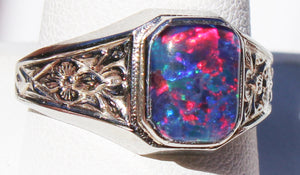 Antique 1920's Art Deco BRIGHT RAINBOW Black Natural Opal Milgrained 10k Solid White Gold Men's Ring