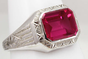 Antique Art Deco Ostby & Barton 3.5ct Window Pane Emerald Cut Ruby 10k Solid White Gold Men's Ring