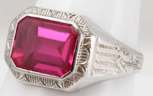 Antique Art Deco Ostby & Barton 3.5ct Window Pane Emerald Cut Ruby 10k Solid White Gold Men's Ring