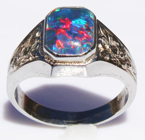 Antique 1920's Art Deco BRIGHT RAINBOW Black Natural Opal Milgrained 10k Solid White Gold Men's Ring