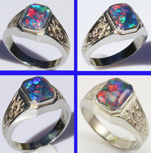 Antique 1920's Art Deco BRIGHT RAINBOW Black Natural Opal Milgrained 10k Solid White Gold Men's Ring