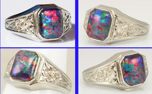 Antique 1920's Art Deco BRIGHT RAINBOW Black Natural Opal Milgrained 10k Solid White Gold Men's Ring