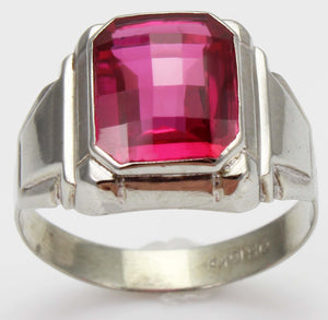 Antique 1920's Art Deco Ostby & Barton 8ct Checkerboard Cut Ruby 10k Solid White Gold Men's Ring