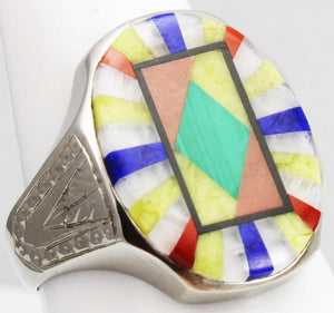 Antique BELAIS of NY Art Deco Lapis Malachite Opal Serpentine Inlay 10k Solid White Gold Men's Ring