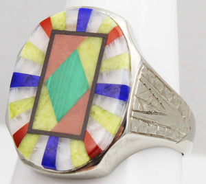 Antique BELAIS of NY Art Deco Lapis Malachite Opal Serpentine Inlay 10k Solid White Gold Men's Ring