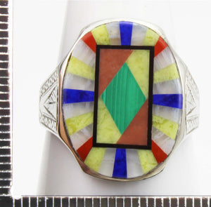 Antique BELAIS of NY Art Deco Lapis Malachite Opal Serpentine Inlay 10k Solid White Gold Men's Ring