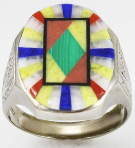 Antique BELAIS of NY Art Deco Lapis Malachite Opal Serpentine Inlay 10k Solid White Gold Men's Ring