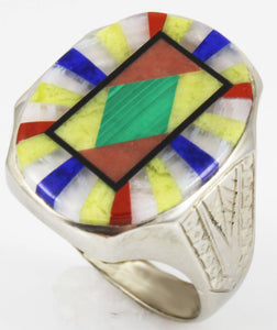 Antique BELAIS of NY Art Deco Lapis Malachite Opal Serpentine Inlay 10k Solid White Gold Men's Ring