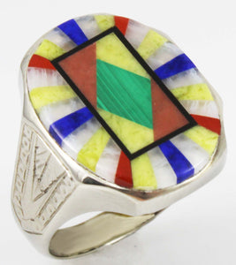 Antique BELAIS of NY Art Deco Lapis Malachite Opal Serpentine Inlay 10k Solid White Gold Men's Ring