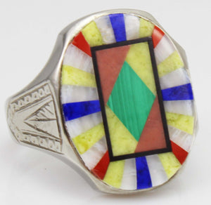 Antique BELAIS of NY Art Deco Lapis Malachite Opal Serpentine Inlay 10k Solid White Gold Men's Ring