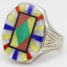 Load image into Gallery viewer, Antique BELAIS of NY Art Deco Lapis Malachite Opal Serpentine Inlay 10k Solid White Gold Men&#39;s Ring