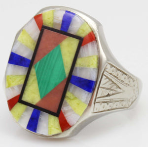 Antique BELAIS of NY Art Deco Lapis Malachite Opal Serpentine Inlay 10k Solid White Gold Men's Ring