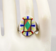 Load image into Gallery viewer, Antique BELAIS of NY Art Deco Lapis Malachite Opal Serpentine Inlay 10k Solid White Gold Men&#39;s Ring