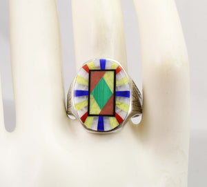 Antique BELAIS of NY Art Deco Lapis Malachite Opal Serpentine Inlay 10k Solid White Gold Men's Ring