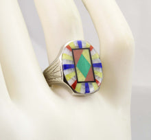 Load image into Gallery viewer, Antique BELAIS of NY Art Deco Lapis Malachite Opal Serpentine Inlay 10k Solid White Gold Men&#39;s Ring