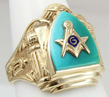 Load image into Gallery viewer, ORNATE Antique Art Deco SIGNED GOTHIC Masonic Natural Turquoise &amp; 10k Solid Yellow Gold Men&#39;s Ring