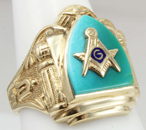 ORNATE Antique Art Deco SIGNED GOTHIC Masonic Natural Turquoise & 10k Solid Yellow Gold Men's Ring