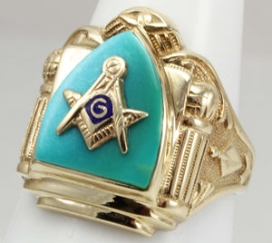 ORNATE Antique Art Deco SIGNED GOTHIC Masonic Natural Turquoise & 10k Solid Yellow Gold Men's Ring