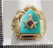 Load image into Gallery viewer, ORNATE Antique Art Deco SIGNED GOTHIC Masonic Natural Turquoise &amp; 10k Solid Yellow Gold Men&#39;s Ring