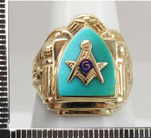 ORNATE Antique Art Deco SIGNED GOTHIC Masonic Natural Turquoise & 10k Solid Yellow Gold Men's Ring