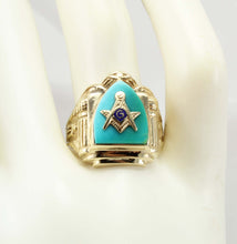 Load image into Gallery viewer, ORNATE Antique Art Deco SIGNED GOTHIC Masonic Natural Turquoise &amp; 10k Solid Yellow Gold Men&#39;s Ring