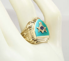 Load image into Gallery viewer, ORNATE Antique Art Deco SIGNED GOTHIC Masonic Natural Turquoise &amp; 10k Solid Yellow Gold Men&#39;s Ring