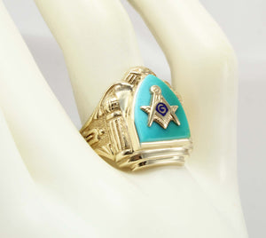 ORNATE Antique Art Deco SIGNED GOTHIC Masonic Natural Turquoise & 10k Solid Yellow Gold Men's Ring