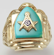 Load image into Gallery viewer, ORNATE Antique Art Deco SIGNED GOTHIC Masonic Natural Turquoise &amp; 10k Solid Yellow Gold Men&#39;s Ring