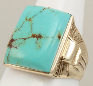 Antique 1920's Art Deco Natural RARE RED/ORANGE MATRIX KINGMAN Turquoise 10k Solid Gold Men's Ring