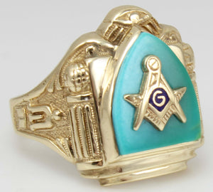 ORNATE Antique Art Deco SIGNED GOTHIC Masonic Natural Turquoise & 10k Solid Yellow Gold Men's Ring