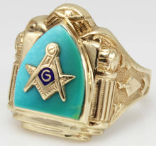 Load image into Gallery viewer, ORNATE Antique Art Deco SIGNED GOTHIC Masonic Natural Turquoise &amp; 10k Solid Yellow Gold Men&#39;s Ring