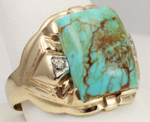 Load image into Gallery viewer, Antique Art Deco Natural RARE COLLAPSED MATRIX KINGMAN Turquoise &amp; Diamond 10k Solid Gold Men&#39;s Ring