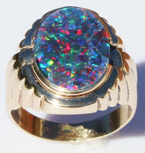 Antique 1920's Art Deco LARGE RAINBOW RARE Black Natural Opal Handwrought 10k Solid Gold Men's Ring