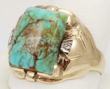 Load image into Gallery viewer, Antique Art Deco Natural RARE COLLAPSED MATRIX KINGMAN Turquoise &amp; Diamond 10k Solid Gold Men&#39;s Ring